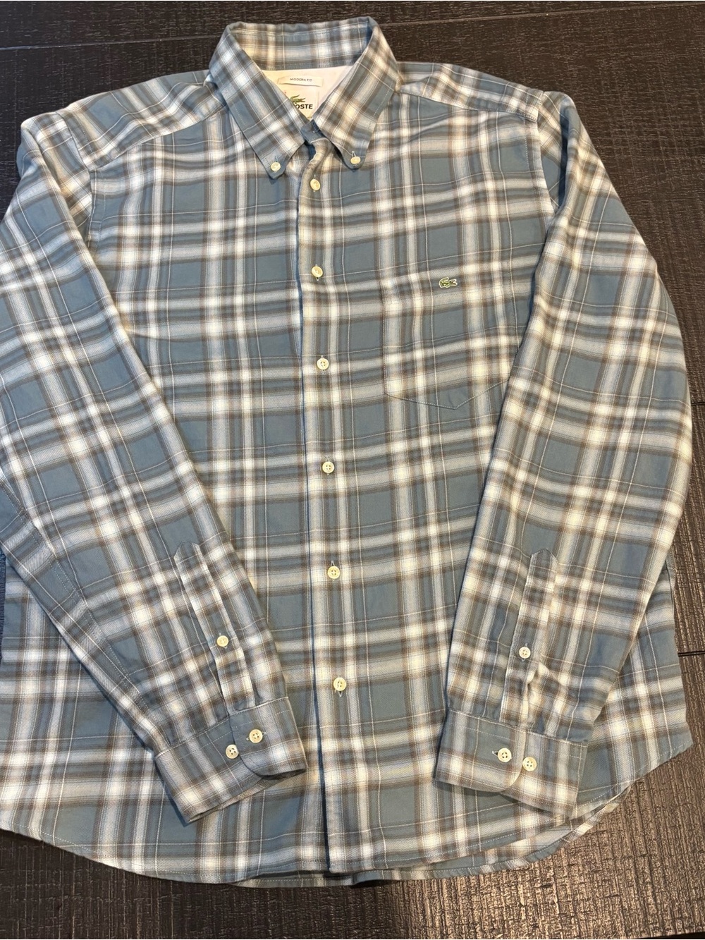 Lacoste Men’s Modern Fit Blue, Green and White Plaid Button-Down Shirt- Size 42